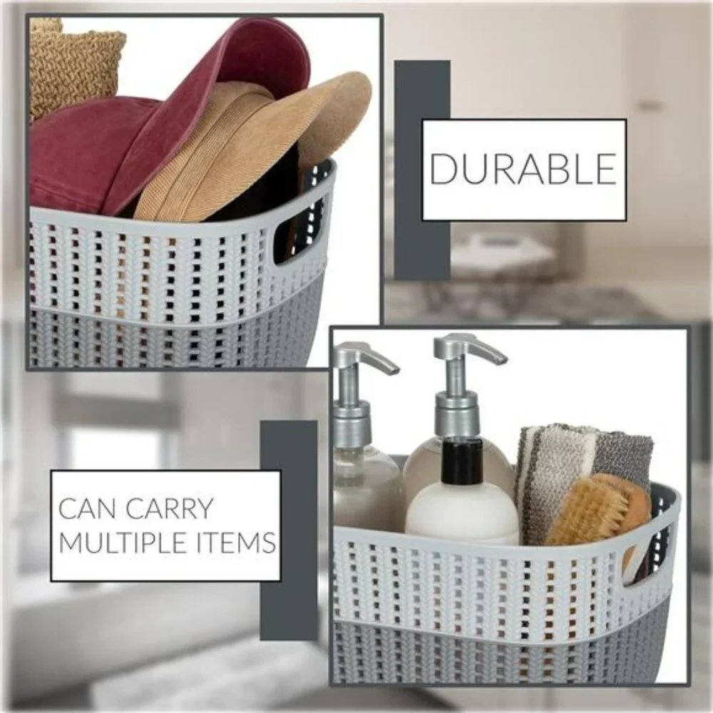 Plastic Storage Basket Bin Grey Medium Closet Bathroom Organizer with Handles